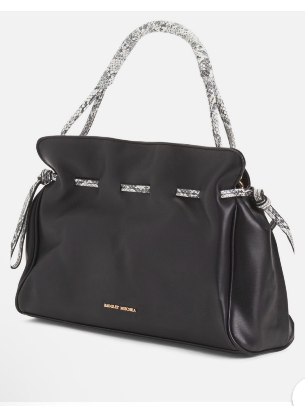 Badgley Mischka Black Vegan Leather Dumpling Bag with Snakeskin Accents